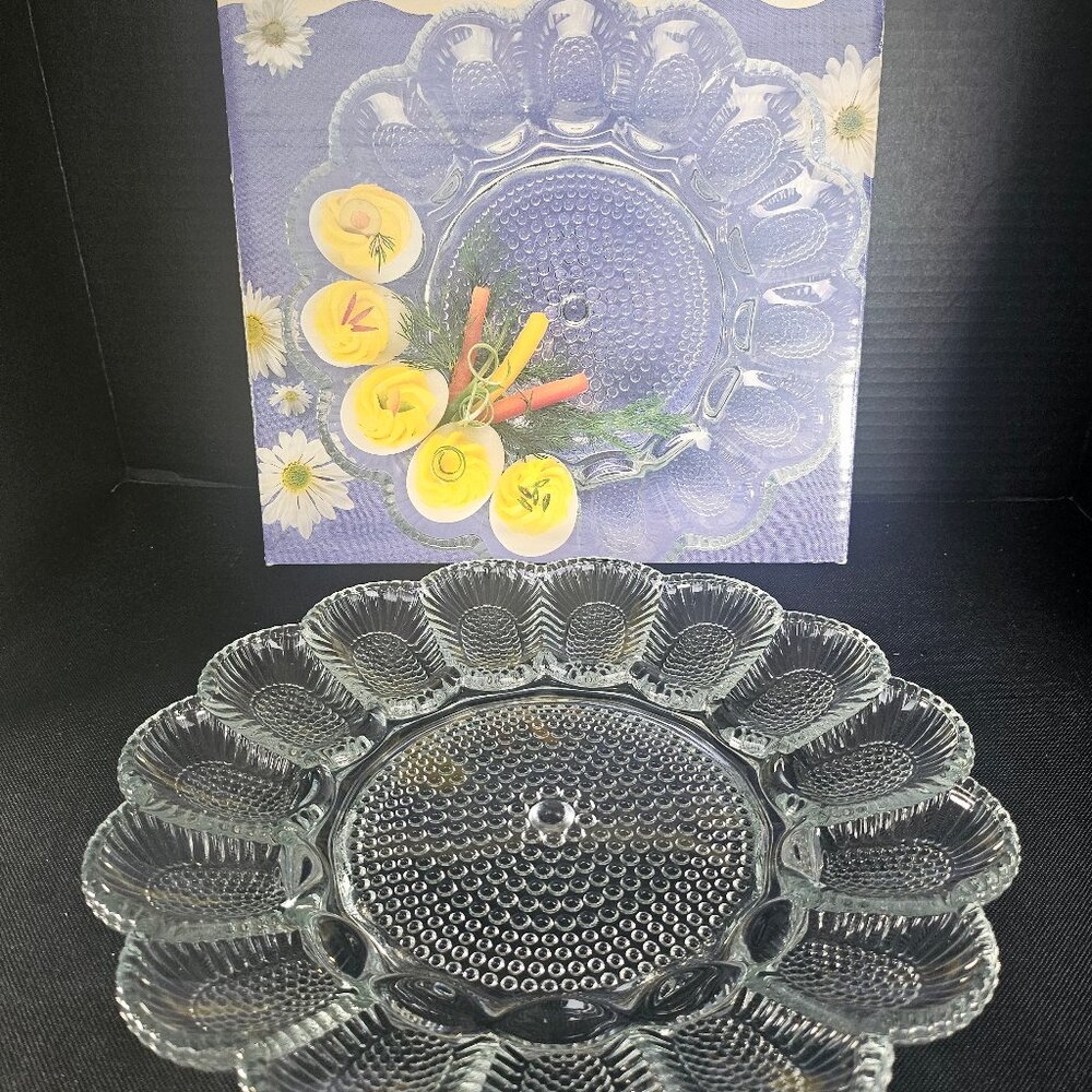 Clear "Hobnail" Pattern Indiana Glass Egg Relish Tray Holds 15 Egg Halves
